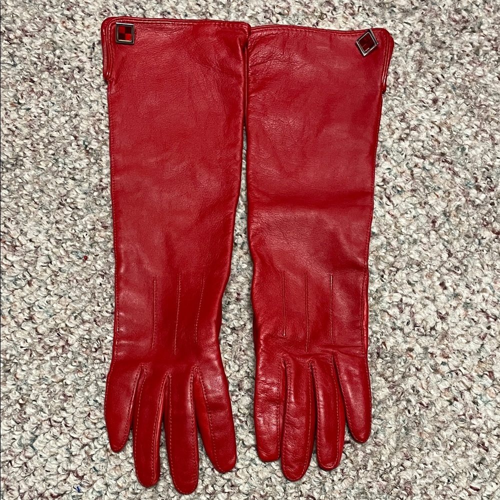 Club Monaco silk lined Red Leather Gloves with Sterling cuff links - new